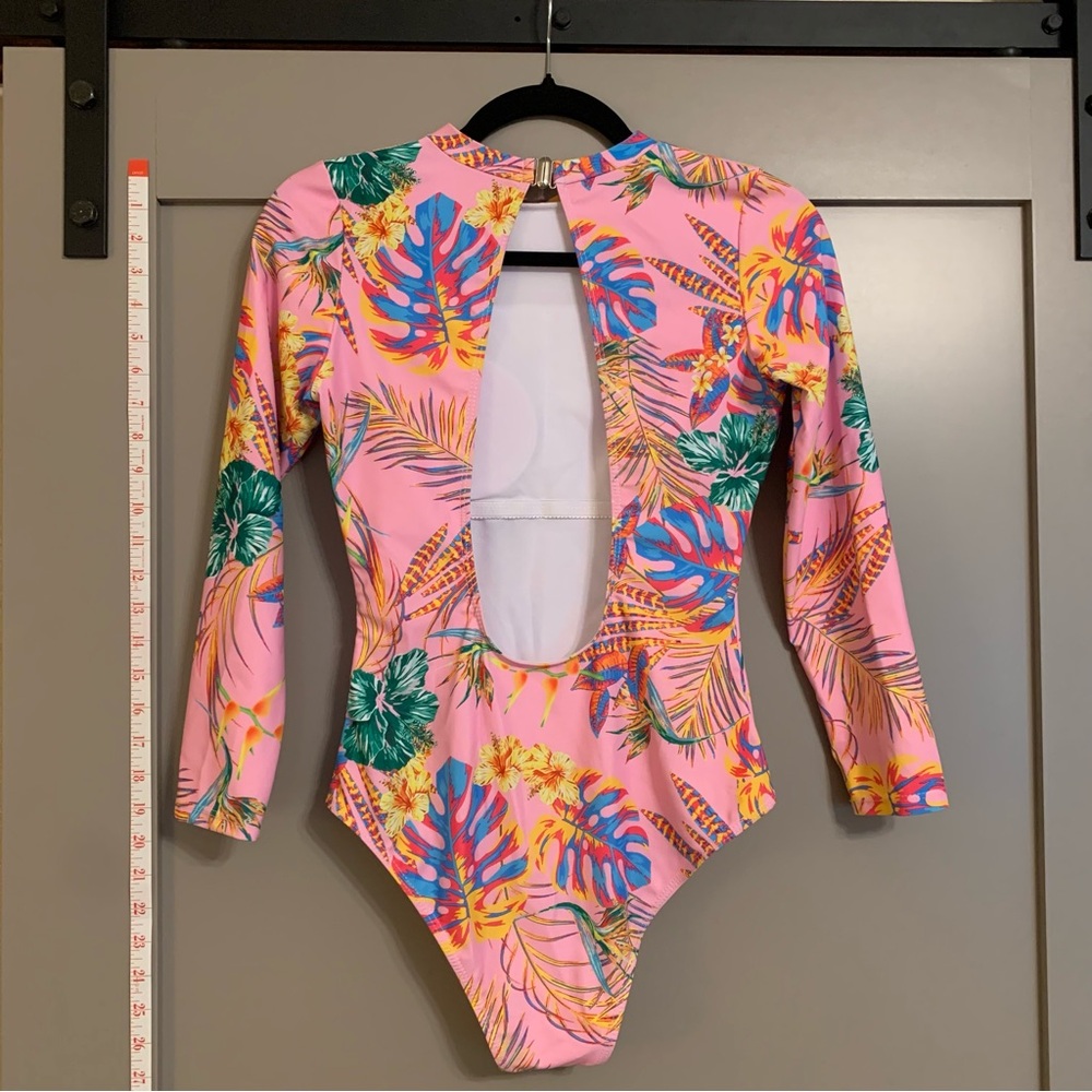 Pink Jungle Floral Long-Sleeve Surf One Piece Bathingsuit for Sun Protection Med - Picture 5 of 5